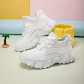 Girl's Solid Woven Knit Breathable Sneakers, Comfy Non Slip Soft Sole Shoes For Kids Outdoor Activities