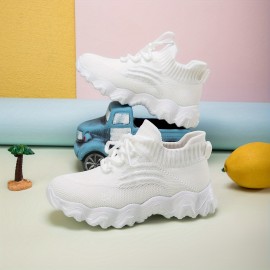 Girl's Solid Woven Knit Breathable Sneakers, Comfy Non Slip Soft Sole Shoes For Kids Outdoor Activities