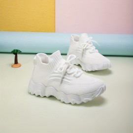 Girl's Solid Woven Knit Breathable Sneakers, Comfy Non Slip Soft Sole Shoes For Kids Outdoor Activities