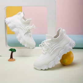 Girl's Solid Woven Knit Breathable Sneakers, Comfy Non Slip Soft Sole Shoes For Kids Outdoor Activities
