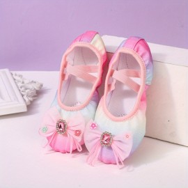 Girl's Trendy Ballet Dance Shoes With Bowknot, Comfy Non Slip Light Weight Canvas Dance Shoes For Kid's Outdoor Activities