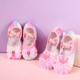 Girl's Trendy Ballet Dance Shoes With Bowknot, Comfy Non Slip Light Weight Canvas Dance Shoes For Kid's Outdoor Activities
