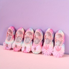 Girl's Trendy Ballet Dance Shoes With Bowknot, Comfy Non Slip Light Weight Canvas Dance Shoes For Kid's Outdoor Activities