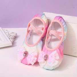 Girl's Trendy Ballet Dance Shoes With Bowknot, Comfy Non Slip Light Weight Canvas Dance Shoes For Kid's Outdoor Activities