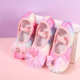 Girl's Trendy Ballet Dance Shoes With Bowknot, Comfy Non Slip Light Weight Canvas Dance Shoes For Kid's Outdoor Activities