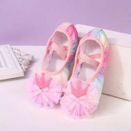 Girl's Trendy Ballet Dance Shoes With Bowknot, Comfy Non Slip Light Weight Canvas Dance Shoes For Kid's Outdoor Activities