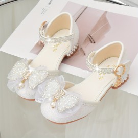 Trendy Elegant Bowknot Rhinestone High Heel Shoes For Girls, Lightweight Non Slip Dress Shoes For Performance Party, All Seasons