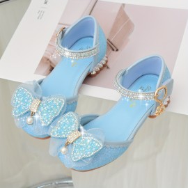 Trendy Elegant Bowknot Rhinestone High Heel Shoes For Girls, Lightweight Non Slip Dress Shoes For Performance Party, All Seasons