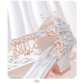 Trendy Cute Shiny Sequin High Heel Shoes For Girls, Breathable Non-slip Wear-resistant Dress Shoes For Party Wedding Performance, All Seasons