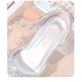Trendy Cute Shiny Sequin High Heel Shoes For Girls, Breathable Non-slip Wear-resistant Dress Shoes For Party Wedding Performance, All Seasons