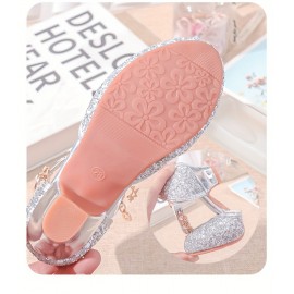 Trendy Cute Shiny Sequin High Heel Shoes For Girls, Breathable Non-slip Wear-resistant Dress Shoes For Party Wedding Performance, All Seasons