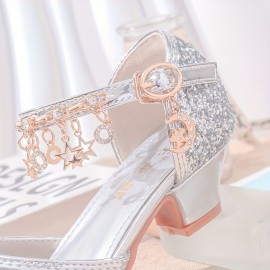 Trendy Cute Shiny Sequin High Heel Shoes For Girls, Breathable Non-slip Wear-resistant Dress Shoes For Party Wedding Performance, All Seasons