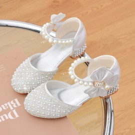 Trendy Elegant Bowknot Pearl Rhinestone High Heel Shoes For Girls, Breathable Non-slip Dress Shoes For Wedding Party, Spring Summer Autumn