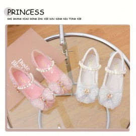 Trendy Elegant Bowknot Pearl Sequin High Heel Shoes For Girls, Lightweight Non Slip Dress Shoes For Performance Party, Spring