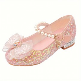 Trendy Elegant Bowknot Pearl Sequin High Heel Shoes For Girls, Lightweight Non Slip Dress Shoes For Performance Party, Spring