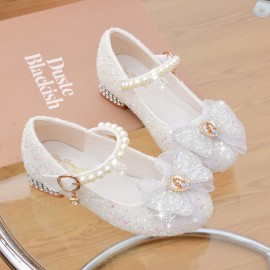 Trendy Elegant Bowknot Pearl Sequin High Heel Shoes For Girls, Lightweight Non Slip Dress Shoes For Performance Party, Spring
