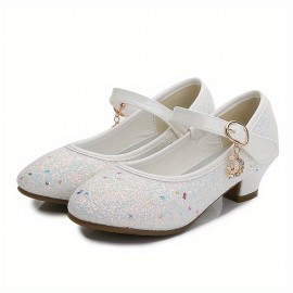 Kids Teenagers Girl's Low Heel Shoes, Shiny Sequins Princess Dress Shoes For Party, Spring And Summer