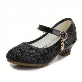 Kids Teenagers Girl's Low Heel Shoes, Shiny Sequins Princess Dress Shoes For Party, Spring And Summer