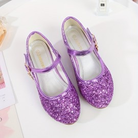 Kids Teenagers Girl's Low Heel Shoes, Shiny Sequins Princess Dress Shoes For Party, Spring And Summer