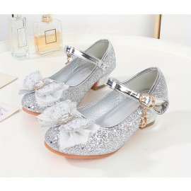 Trendy Cute Bowknot Sequin High Heel Shoes For Girls, Lightweight Non Slip Soft Bottom Dress Shoes For Vacation Performance Party, Spring And Autumn