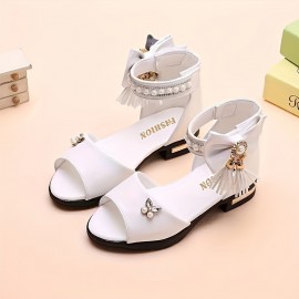Trendy Cute Pearl Bowknot Tassel Open Toe High Heel Shoes For Girls, Breathable Lightweight Sandals For Holiday Party