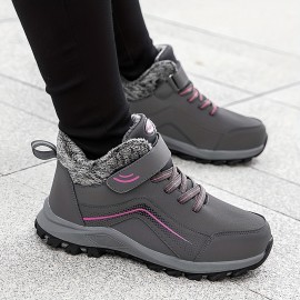 Cozy Fleece-Lined Girls' Boots - Casual Solid Color, Hook-and-loop Fastener Closure for Fall/Winter Comfort