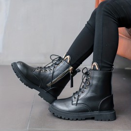 Vintage Cool Lace Up Boots With Zipper For Girls Kids, Comfortable Non Slip Boots For Indoor Outdoor Travel, Autumn And Winter