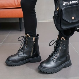 Vintage Cool Lace Up Boots With Zipper For Girls Kids, Comfortable Non Slip Boots For Indoor Outdoor Travel, Autumn And Winter