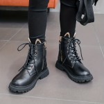 Vintage Cool Lace Up Boots With Zipper For Girls Kids, Comfortable Non Slip Boots For Indoor Outdoor Travel, Autumn And Winter