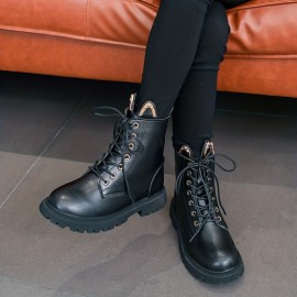 Vintage Cool Lace Up Boots With Zipper For Girls Kids, Comfortable Non Slip Boots For Indoor Outdoor Travel, Autumn And Winter