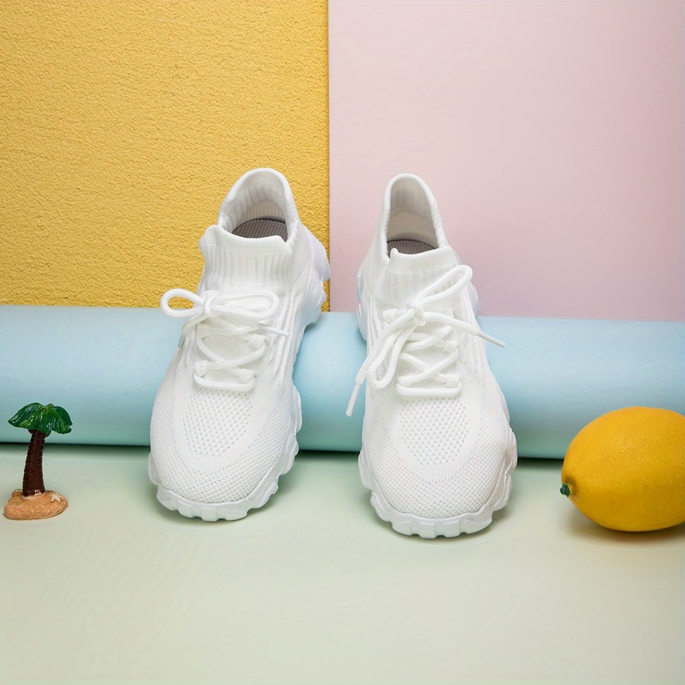 Girl's Solid Woven Knit Breathable Sneakers, Comfy Non Slip Soft Sole Shoes For Kids Outdoor Activities