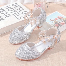 Trendy Cute Shiny Sequin High Heel Shoes For Girls, Breathable Non-slip Wear-resistant Dress Shoes For Party Wedding Performance, All Seasons