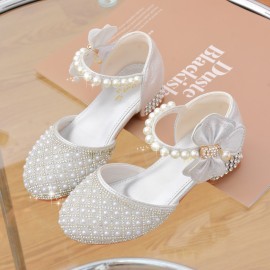 Trendy Elegant Bowknot Pearl Rhinestone High Heel Shoes For Girls, Breathable Non-slip Dress Shoes For Wedding Party, Spring Summer Autumn