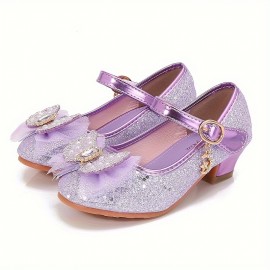 Trendy Cute Bowknot Sequin High Heel Shoes For Girls, Lightweight Non Slip Soft Bottom Dress Shoes For Vacation Performance Party, Spring And Autumn