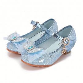 Trendy Cute Bowknot Sequin High Heel Shoes For Girls, Lightweight Non Slip Soft Bottom Dress Shoes For Vacation Performance Party, Spring And Autumn