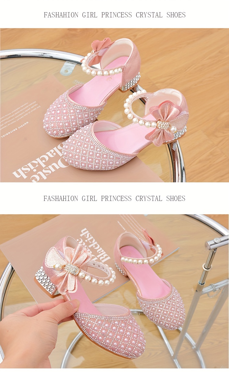 trendy elegant bowknot pearl rhinestone high heel shoes for girls breathable non slip dress shoes for wedding party autumn details 2