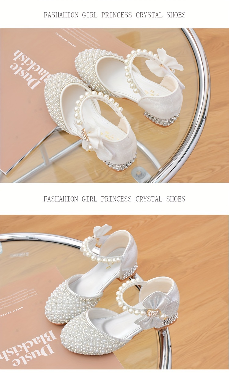 trendy elegant bowknot pearl rhinestone high heel shoes for girls breathable non slip dress shoes for wedding party autumn details 3