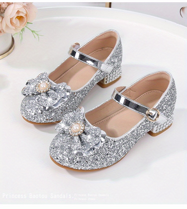 girls trendy pearl bow tie pumps with strap dress up shoes with assorted colors details 3