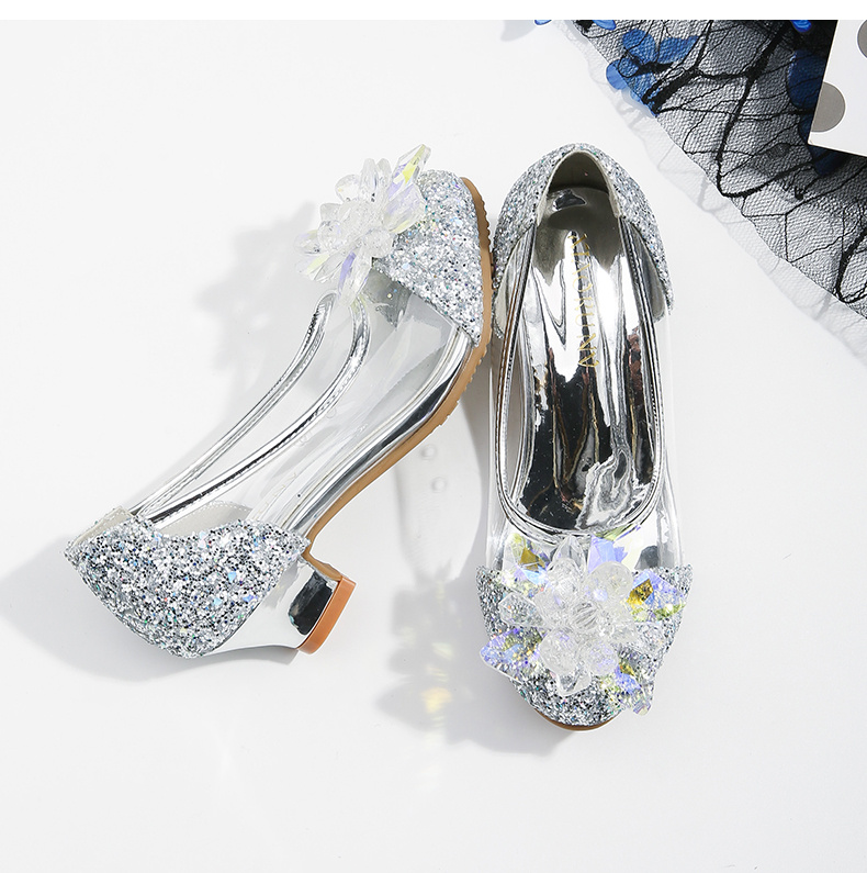 glass flower high heel princess shoes for wedding party details 4