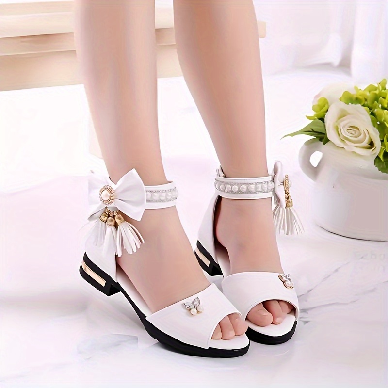 trendy cute pearl bowknot tassel open toe high heel shoes for girls breathable lightweight sandals for details 0