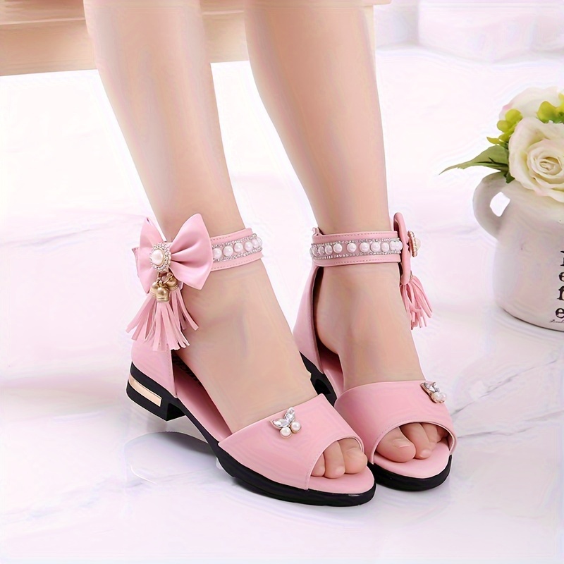 trendy cute pearl bowknot tassel open toe high heel shoes for girls breathable lightweight sandals for details 4