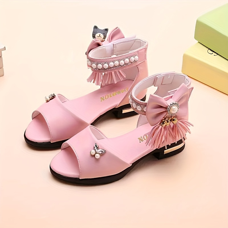 trendy cute pearl bowknot tassel open toe high heel shoes for girls breathable lightweight sandals for details 5