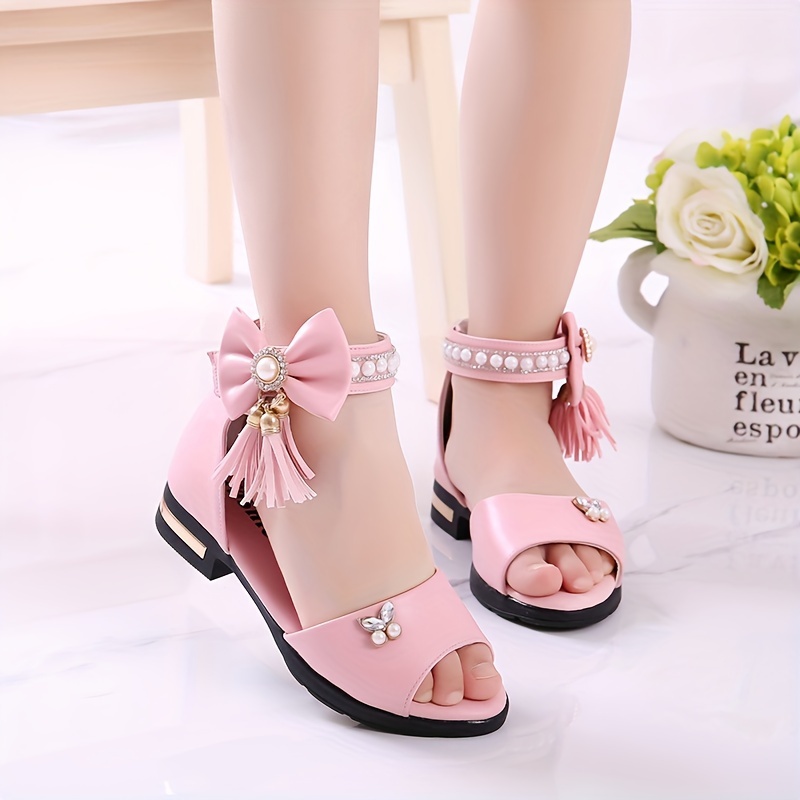 trendy cute pearl bowknot tassel open toe high heel shoes for girls breathable lightweight sandals for details 6