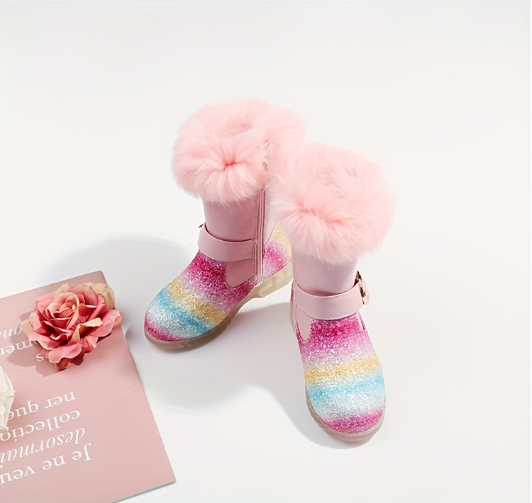 trendy cute cartoon fleece boots for girls kids comfortable non slip boots with zipper for indoor autumn and winter details 5